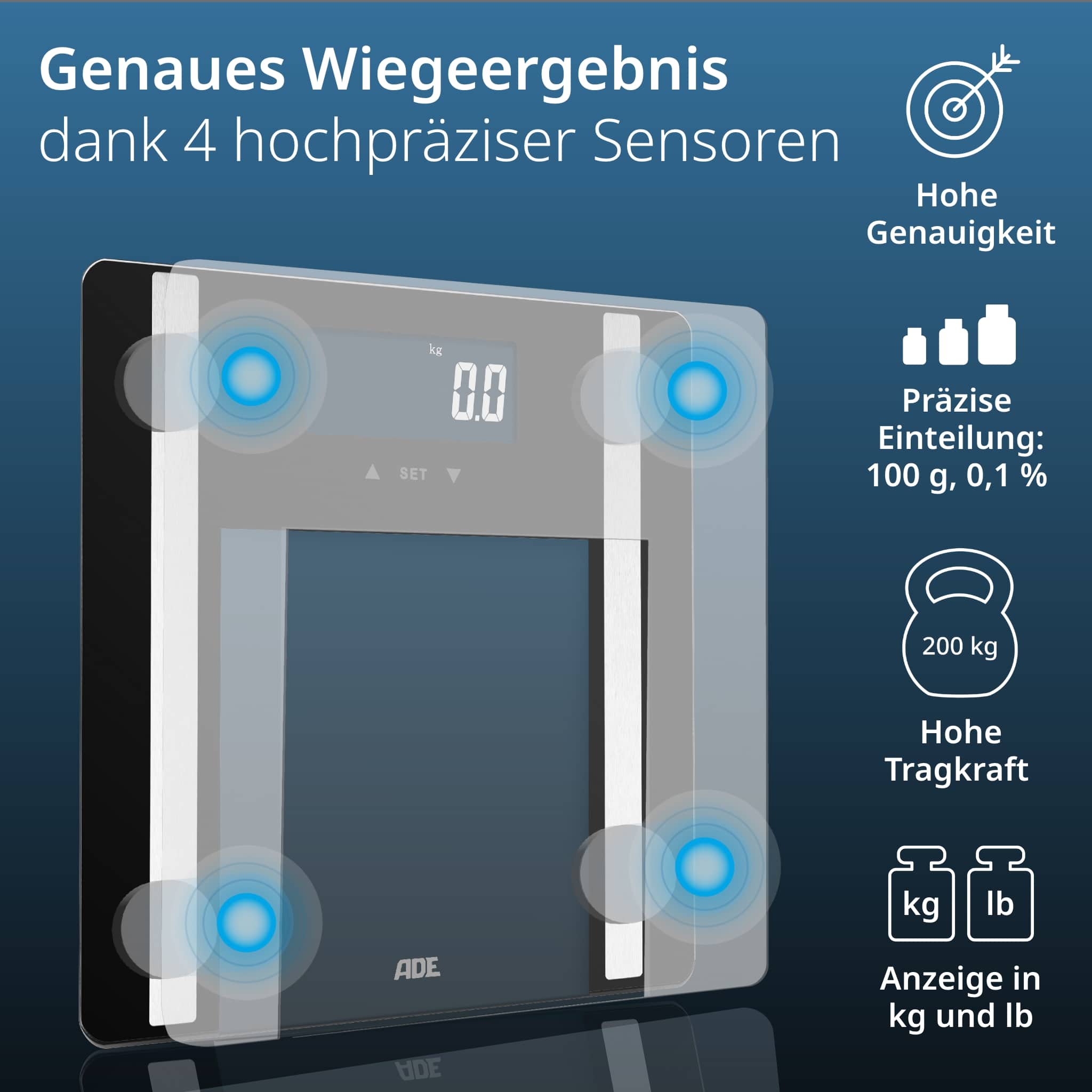 ADE Körperanalysewaage Ines schwarz, Körperfettwaage mit 7 Körperwerten und 10 Speicherplätzen, Testsieger Stiftung Warentest 10/2024