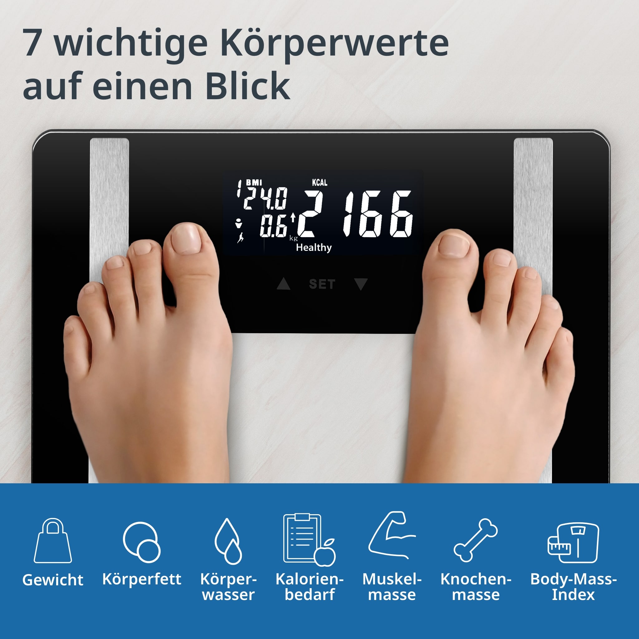 ADE Körperanalysewaage Ines schwarz, Körperfettwaage mit 7 Körperwerten und 10 Speicherplätzen, Testsieger Stiftung Warentest 10/2024