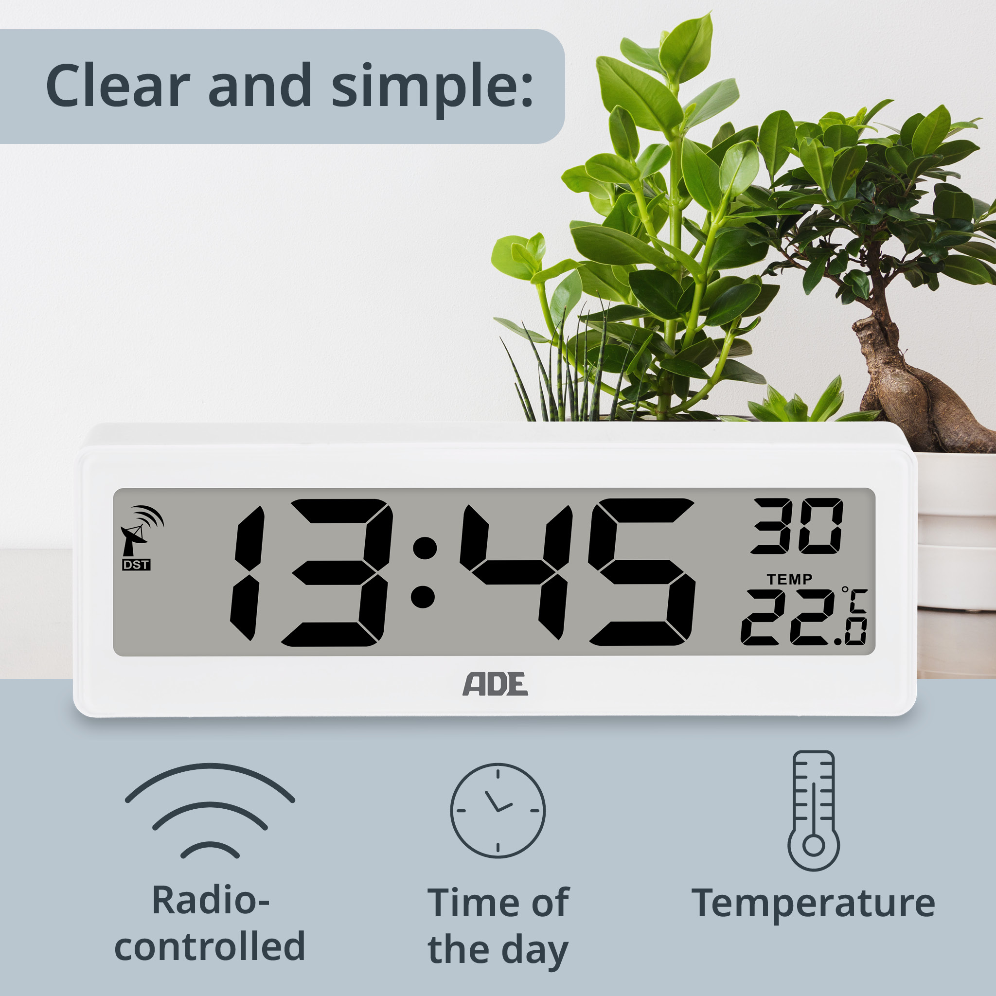 Digital Radio Controlled Clock with Temperature | ADE CK1704-1