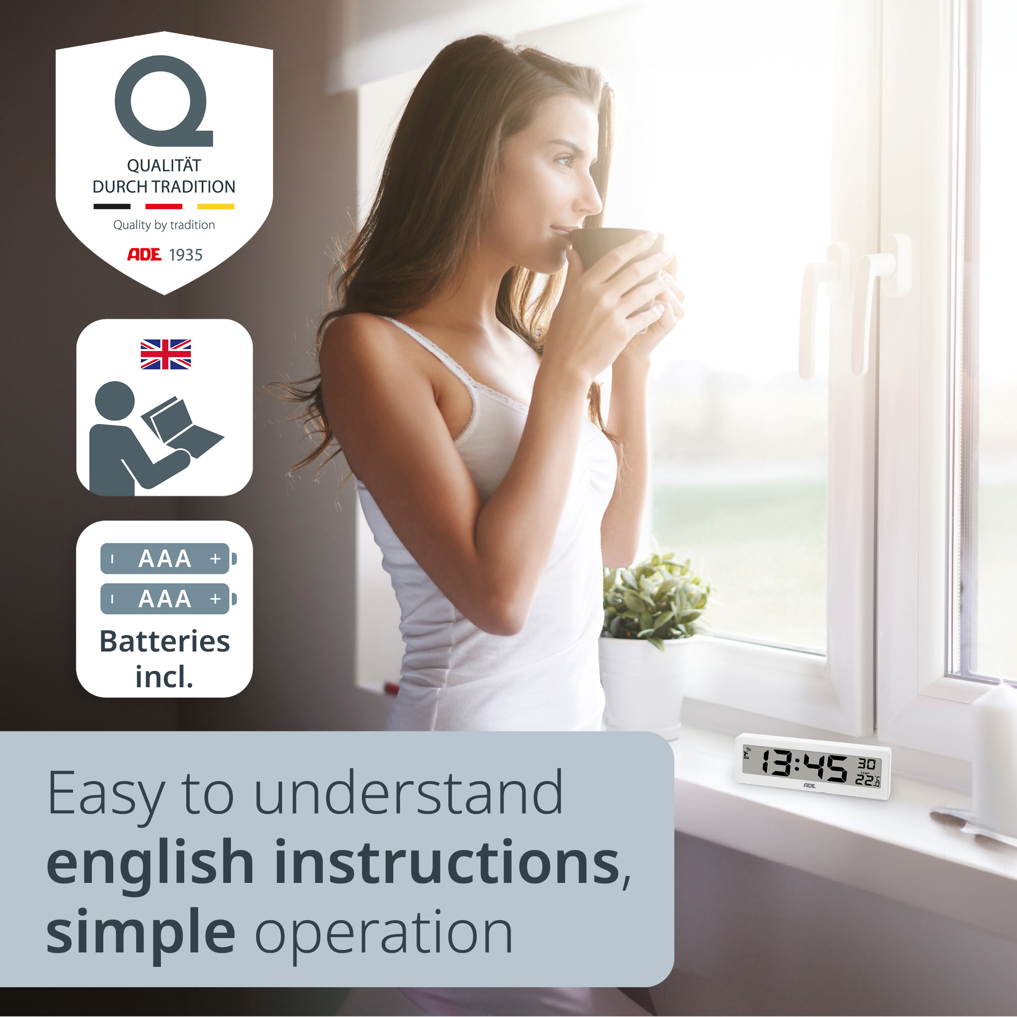 Digital Radio Controlled Clock with Temperature | ADE CK1704-1