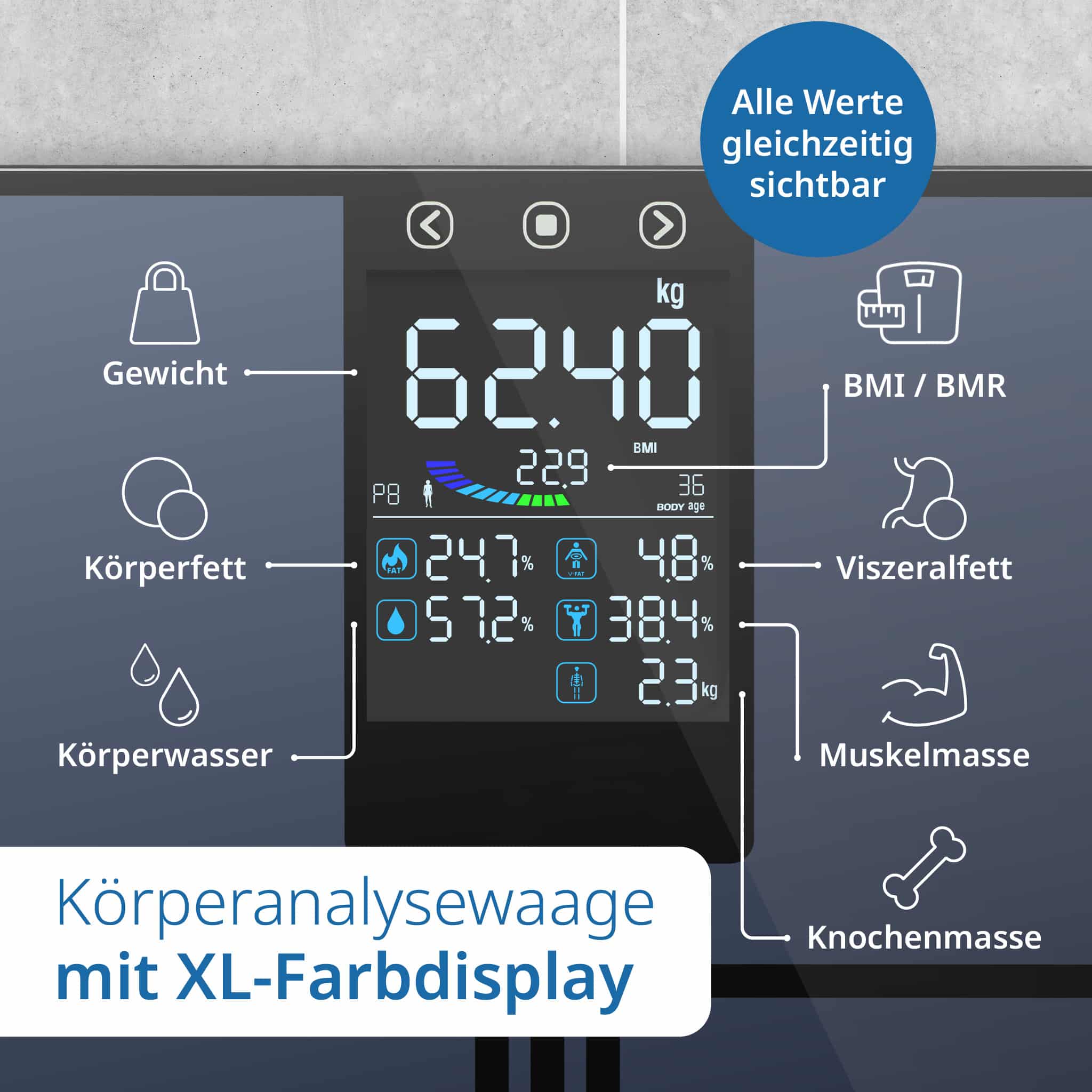 Digitale Körperfettwaage mit großem Farbdisplay | ADE BA2500-1 Emmy